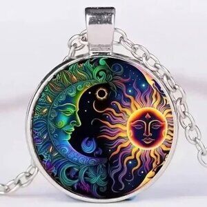 Silver CELESTIAL Sun Moon Glass Cabochon Pendant Necklace